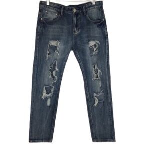 Ween Charm Men’s Distressed Jeans Ripped Blue Denim Size 34 Straight Leg